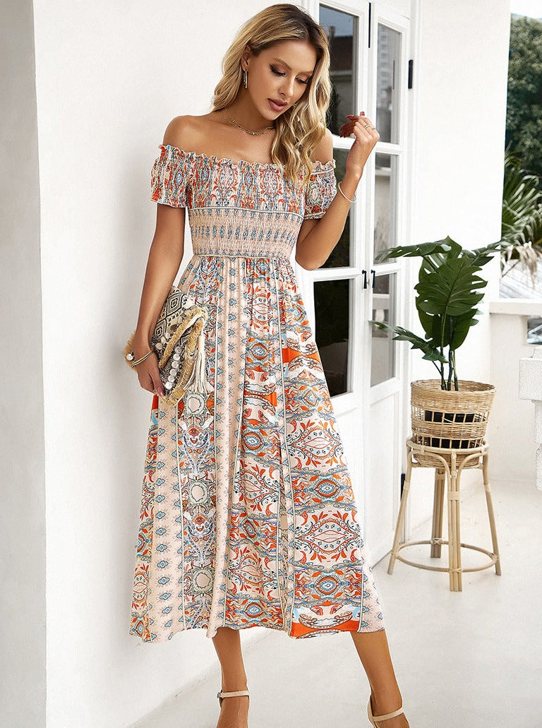 Sommer Off Shoulder Bohemian Slit Midi-kjole 