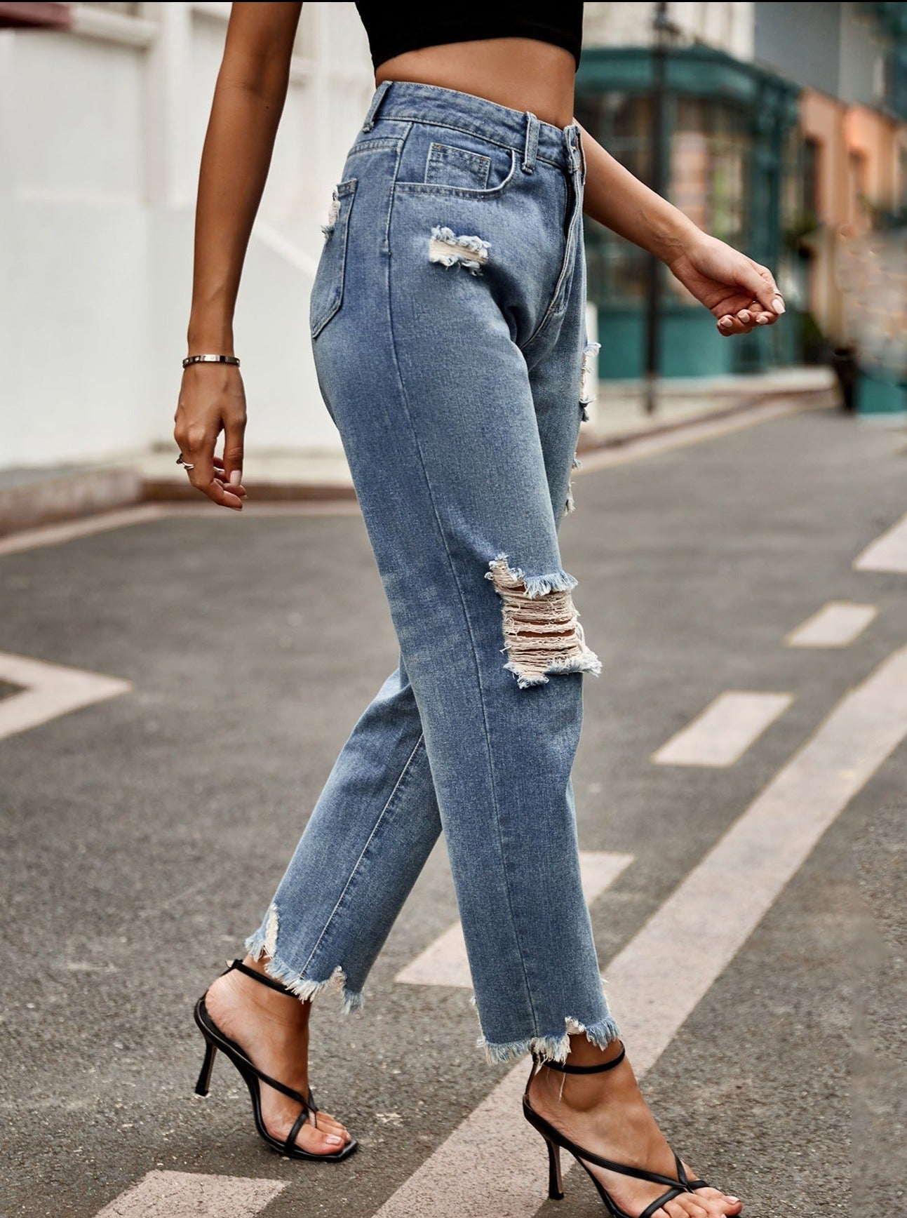 Højtaljet knappede Ripped Flare denim jeans 