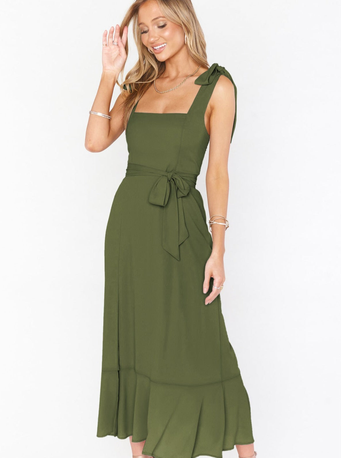 Elegant Solid Color Square Neck Midi Dress