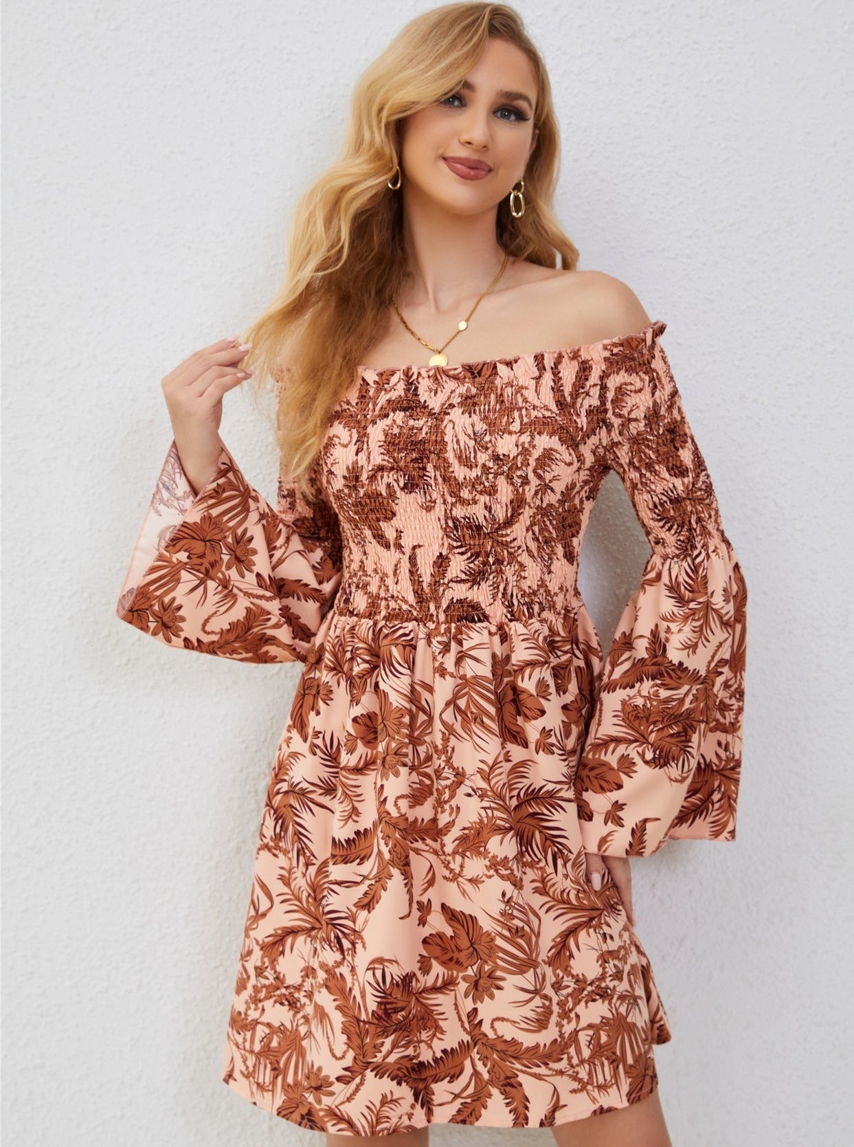 Peach Off Shoulder Langærmet Casual Mini Kjole 