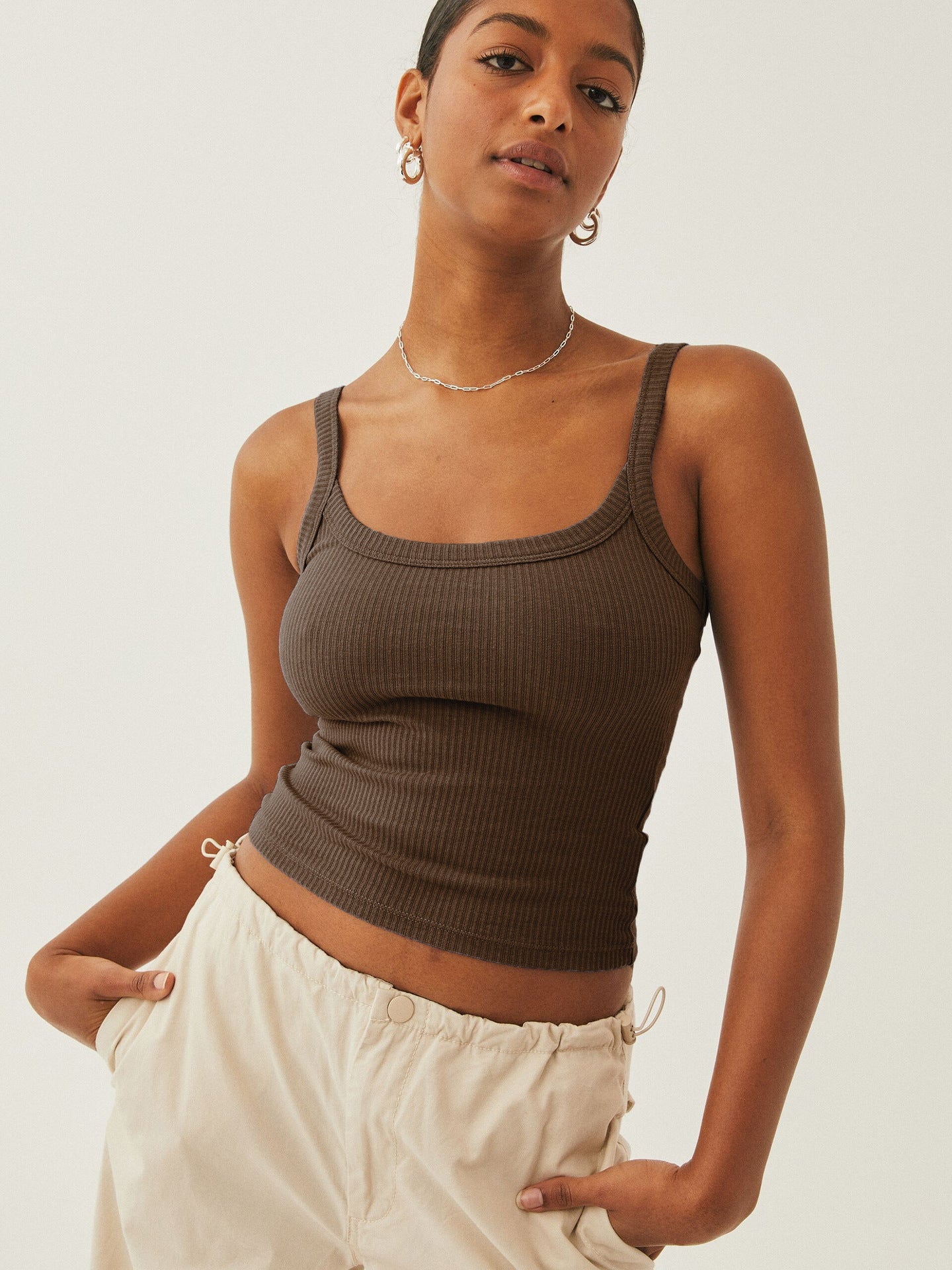 Mørkebrun Sexet strikket Camisole ærmeløs Crop Top 