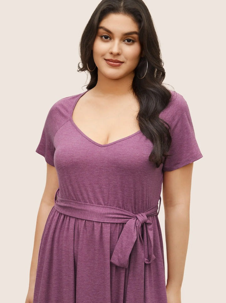 Plus Size Lilla Scoop Neck Tie Talje Sommerkjole 