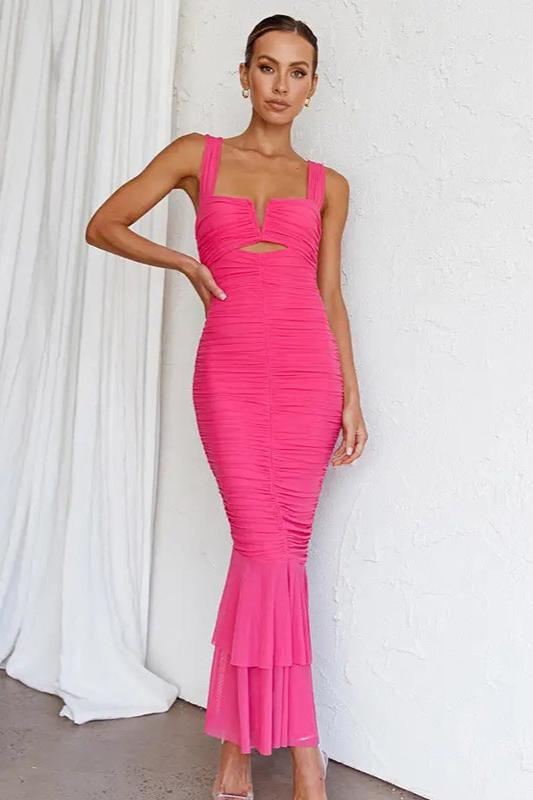 Fishtail Maxikleid, Figurbetontes Raffungskleid mit Cut-Outs, Elegant