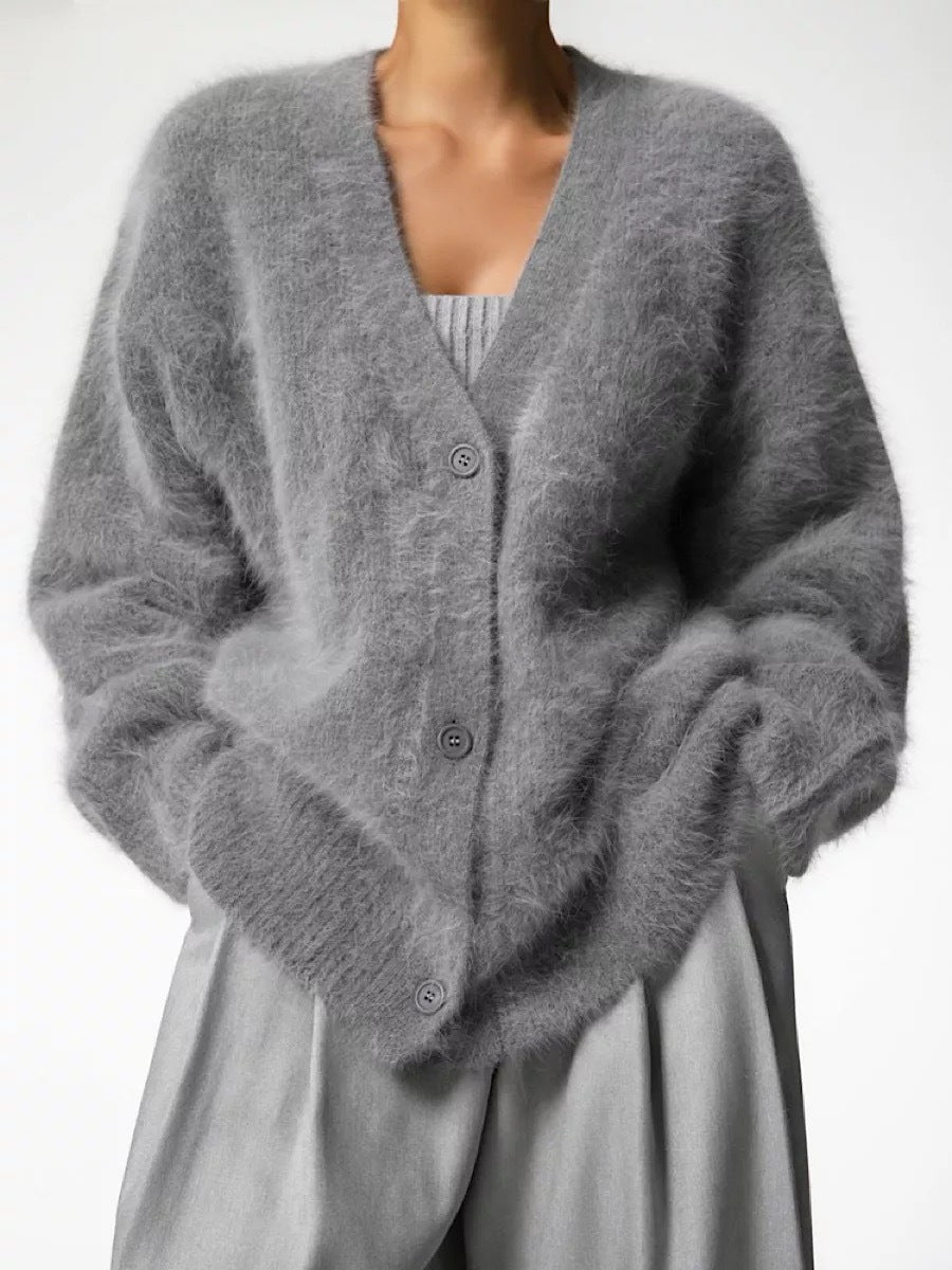 Mohair Cardigan Damen - Weiche Strickjacke mit Knöpfen und V-Ausschnitt