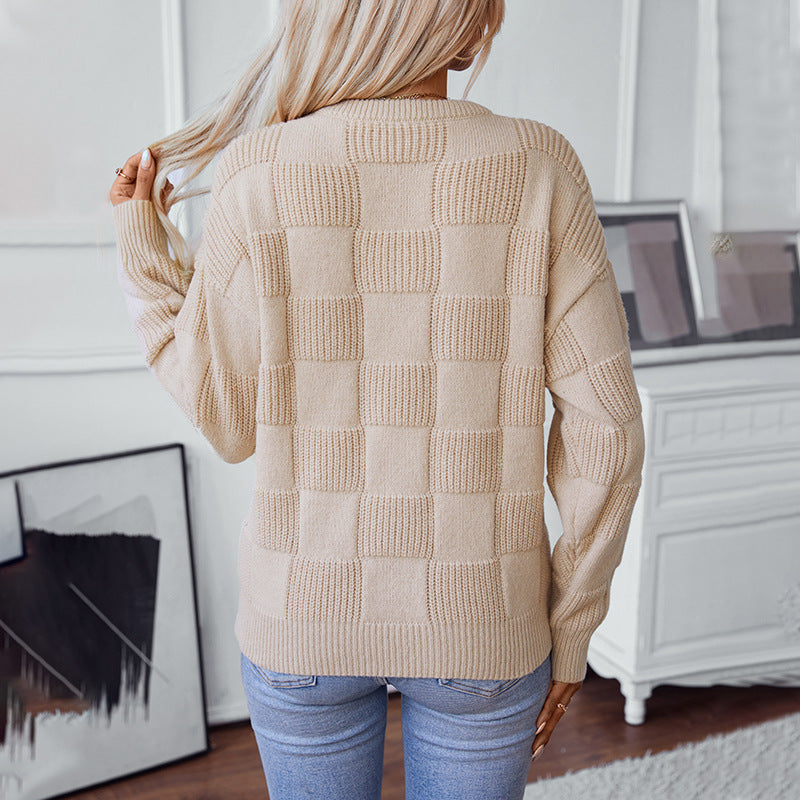 Løs rund hals plaid strikket sweater 