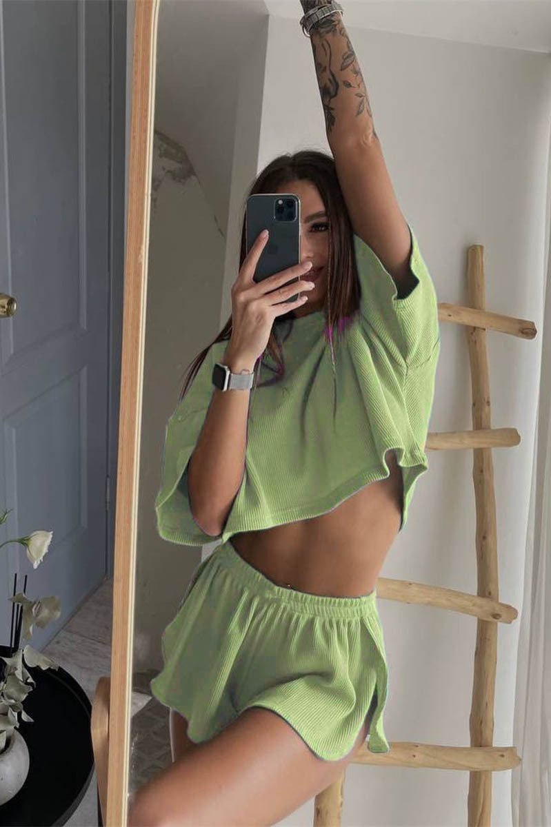 Casual Sexet rundhals Crop Top og Shorts Sæt 