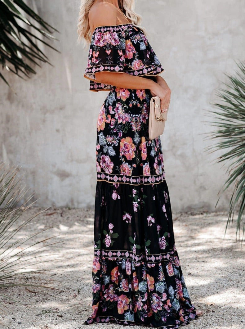 Black Floral Retro Printed Off Shoulder Maxi Dress