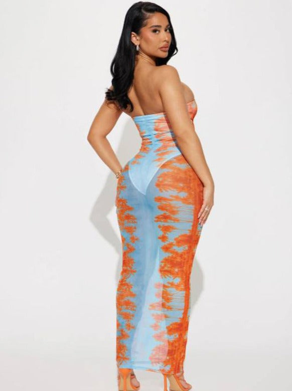 See Through Mesh Blue og Orange Tie Dye Tube Dress 