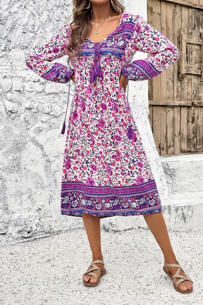 Stylish Purple Floral Long Lantern Sleeve Midi Dress