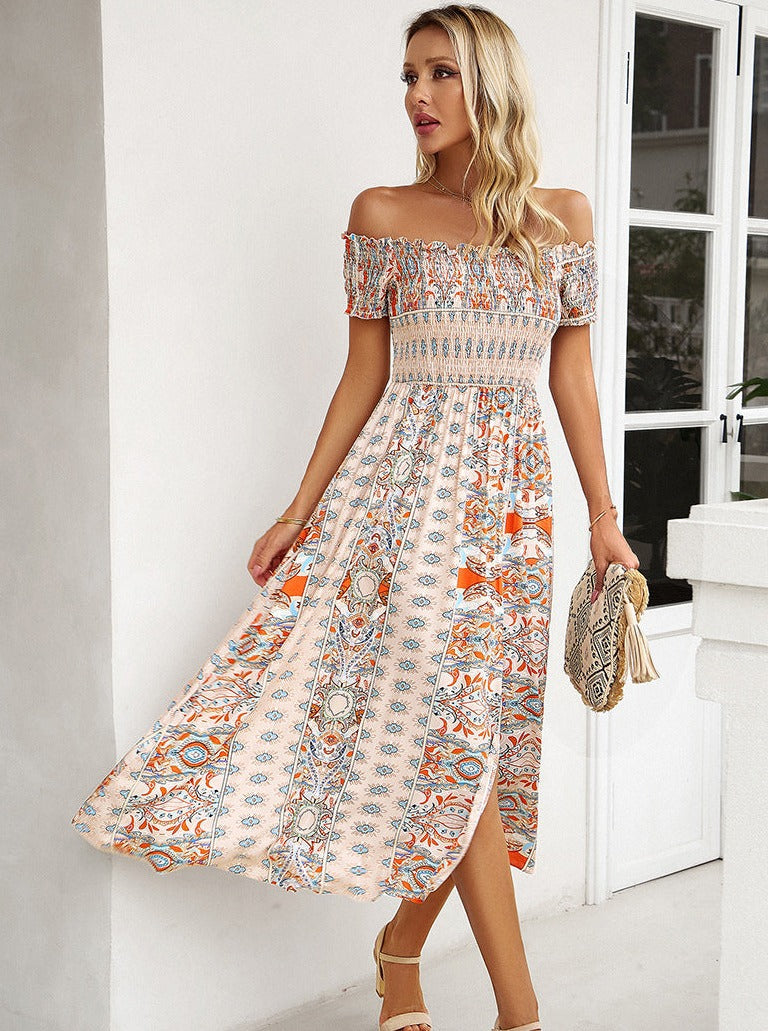 Sommer Off Shoulder Bohemian Slit Midi-kjole 