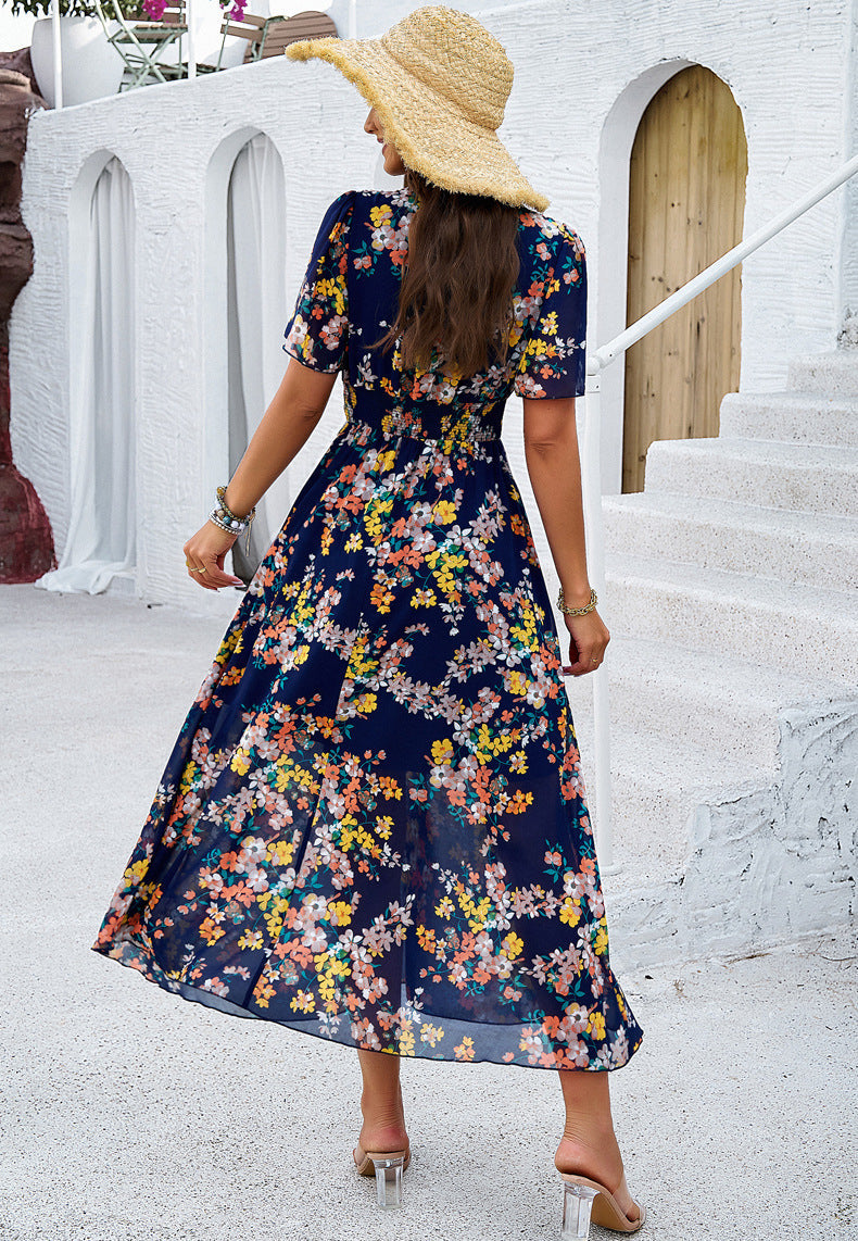 Deep Blue Floral Printed V-Neck Sundress