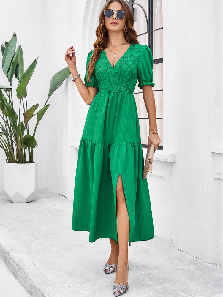 Elegant Midikleid Mit Schlitz Langarm V-Ausschnitt - Sommer Kleider Verschiedene Farben