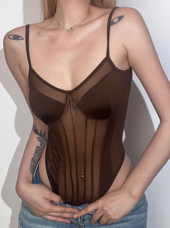 Spaghetti Strap Mesh Rygløs Bodysuit 