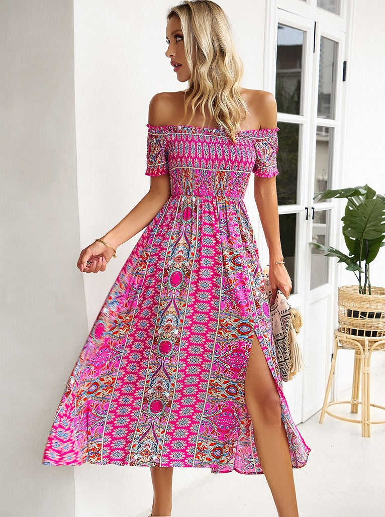 Sommer Off Shoulder Bohemian Slit Midi-kjole 