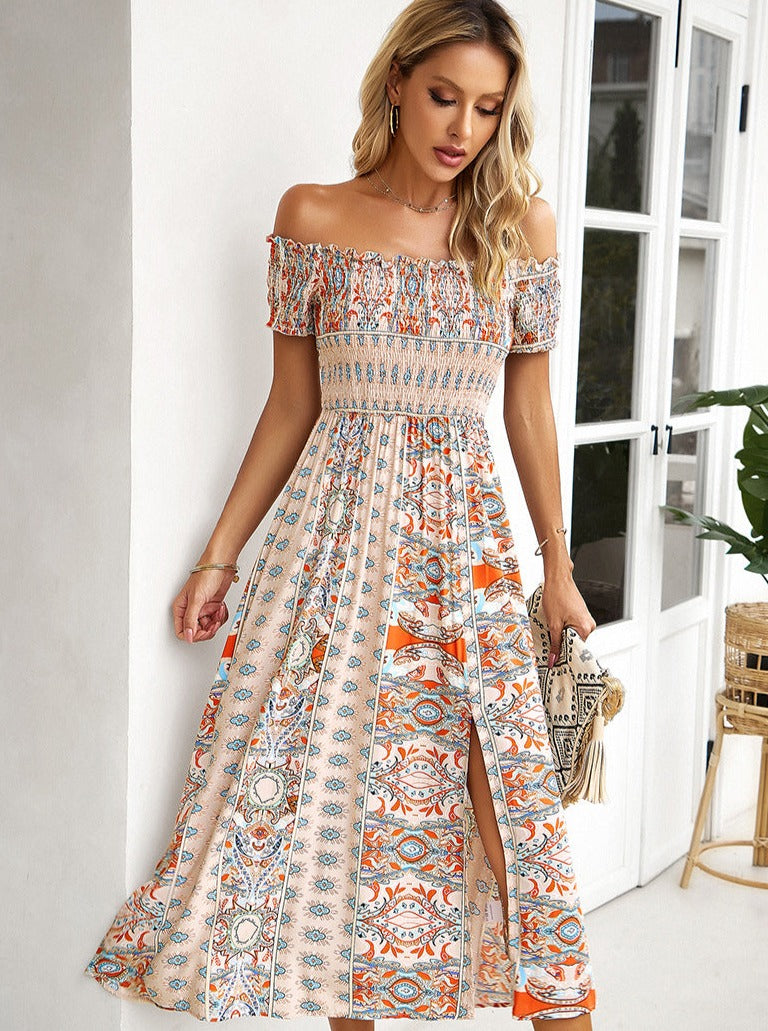 Boho Midikleid Off-Shoulder Buntes Muster Sommerkleid Mit Schlitz