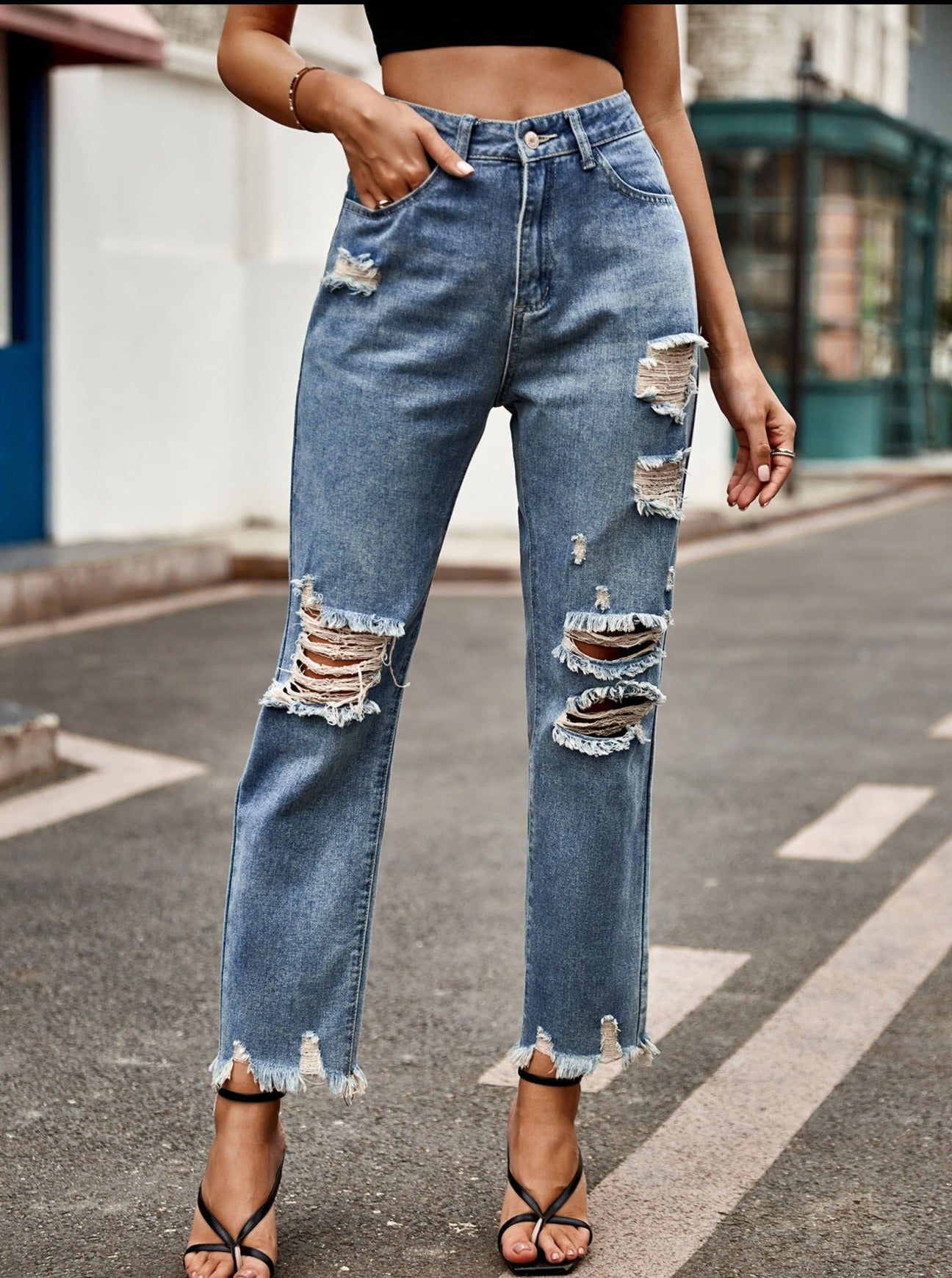 Højtaljet knappede Ripped Flare denim jeans 