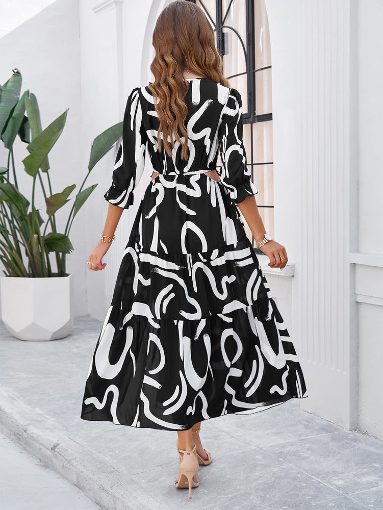 Black V-Neck Abstract Printed Sundress