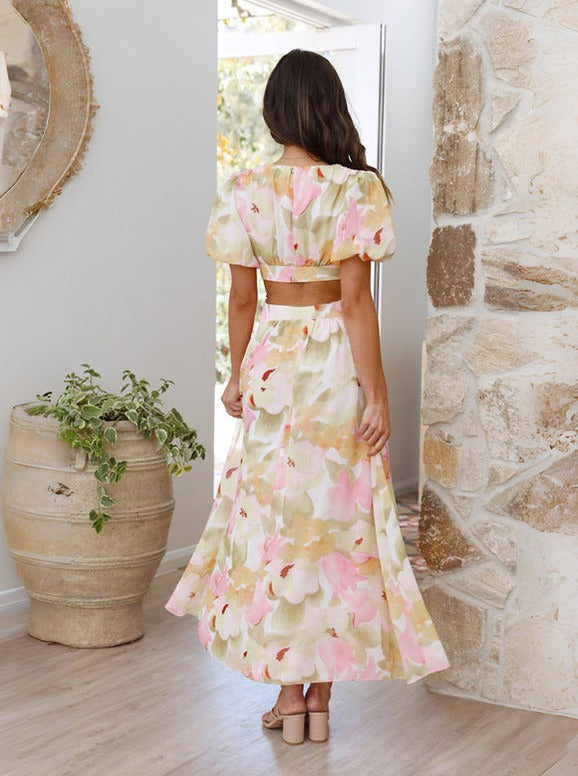 Elegant Floral Swing Backless Dress