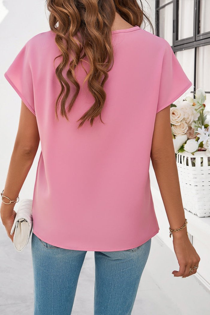 Pink Elegant V-Neck Lace Short Sleeve Shirt