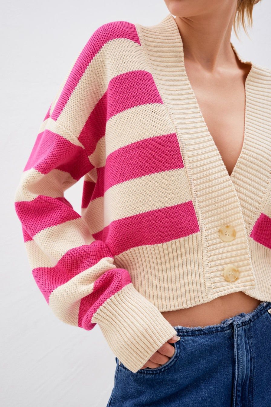 Red Deep V-Neck Striped Knitted Sweater