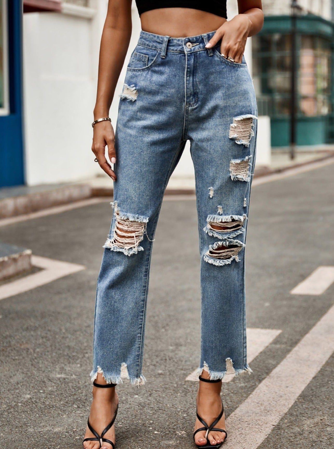 Højtaljet knappede Ripped Flare denim jeans 