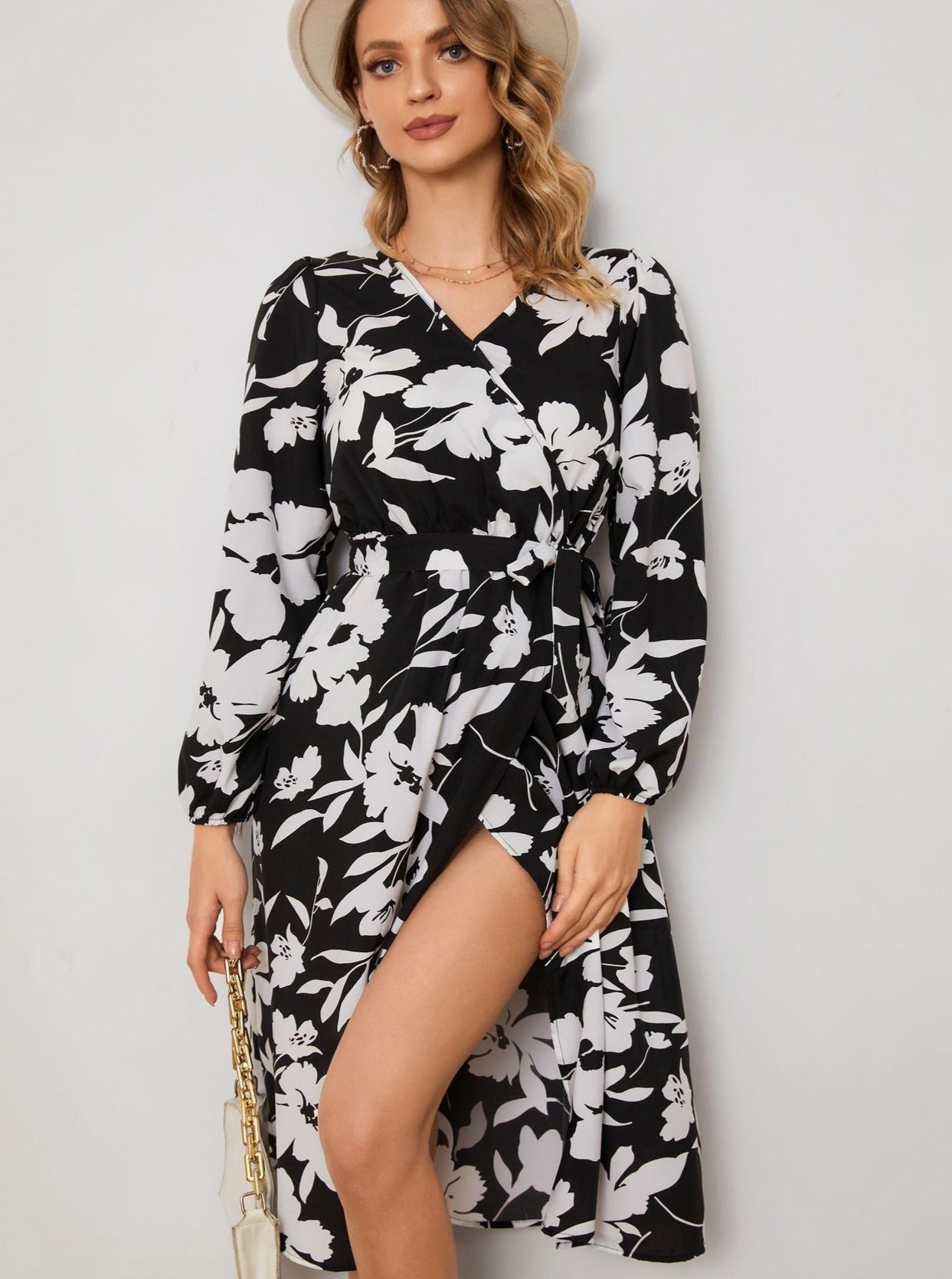 Elegant Floral Print Long Sleeve V-Neck Slit Lace-Up Midi Dress