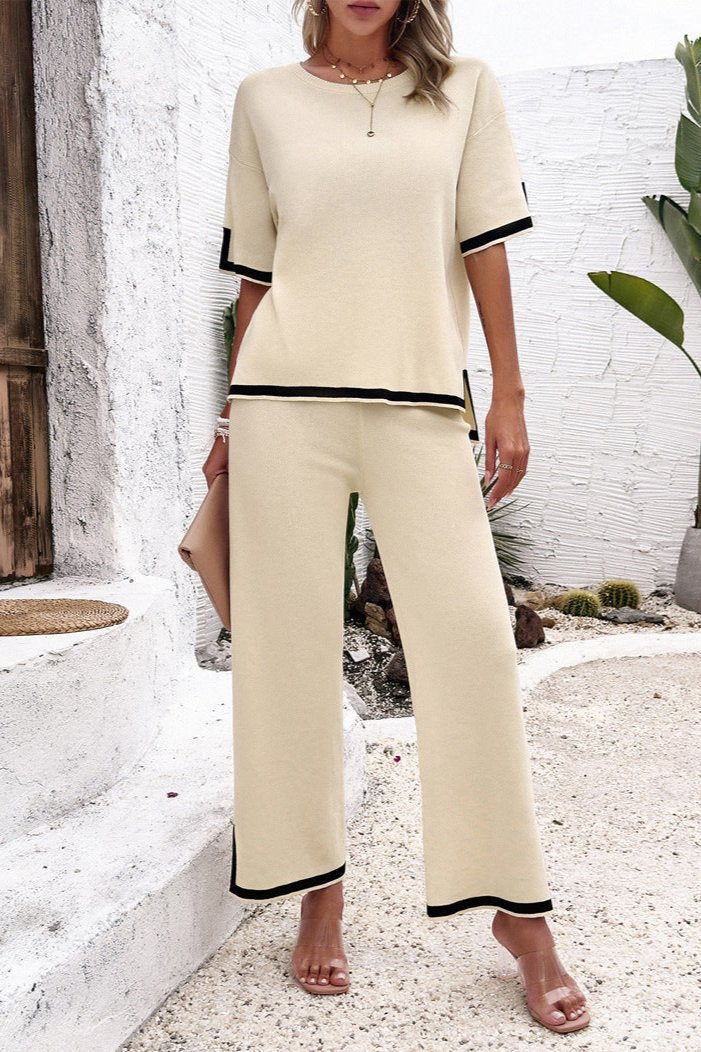 Apricot Chic Casual Short Sleeve Knitted Top and Pants Set