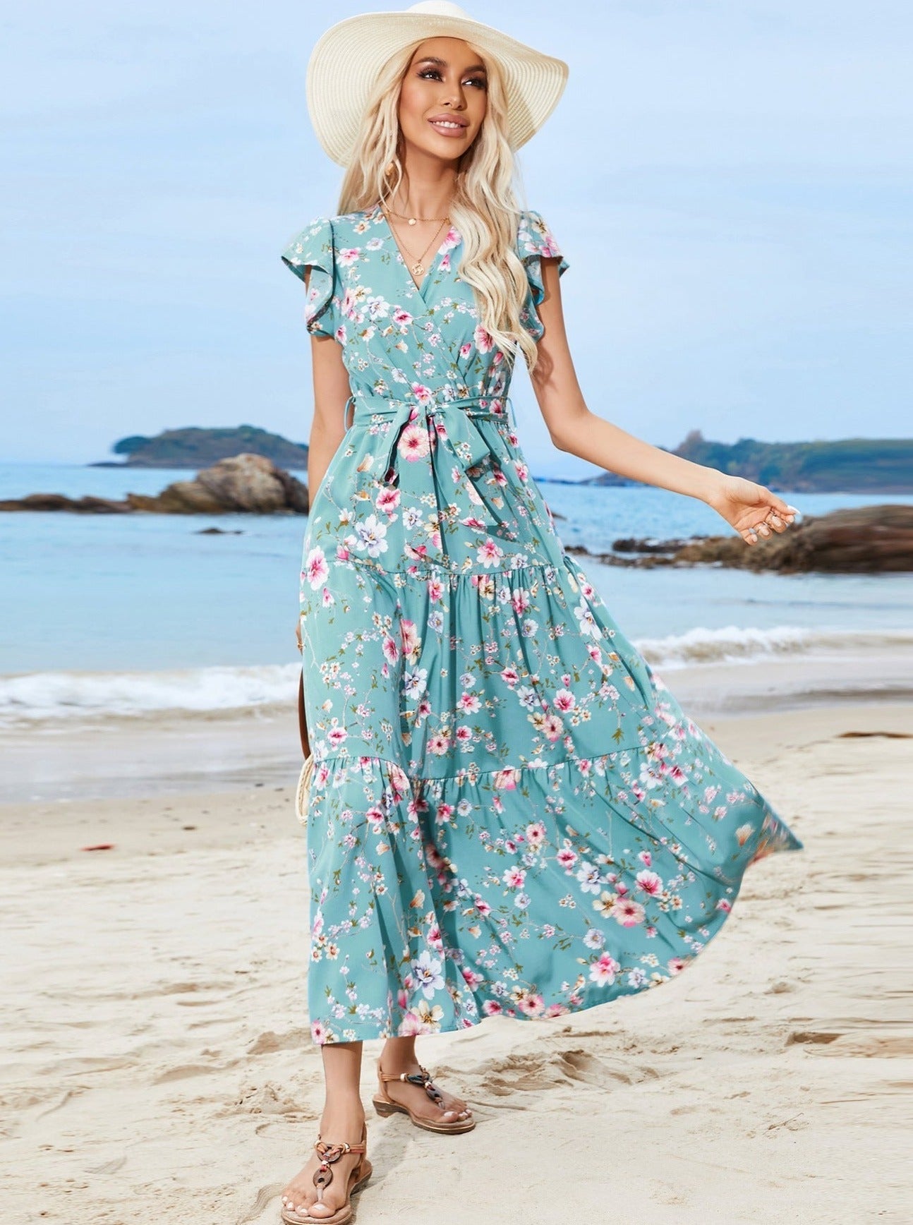 Sweet Floral Wrap Up Style V-hals flæser ærmet Maxi-kjole med bælte 