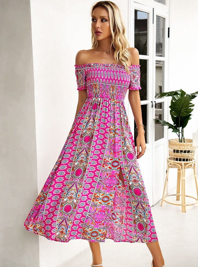 Sommer Off Shoulder Bohemian Slit Midi-kjole 