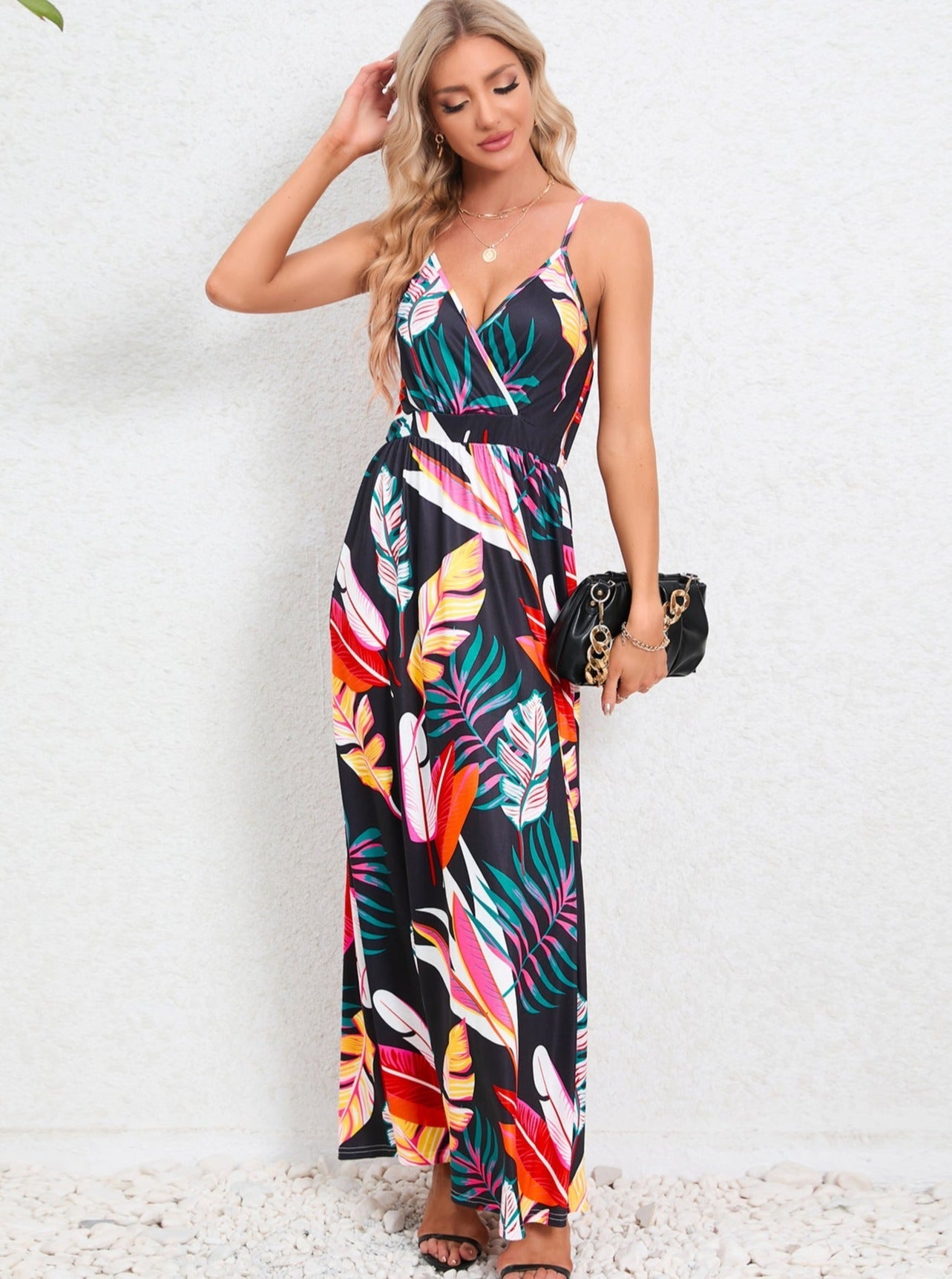 Black Tropical Printed Long Dress