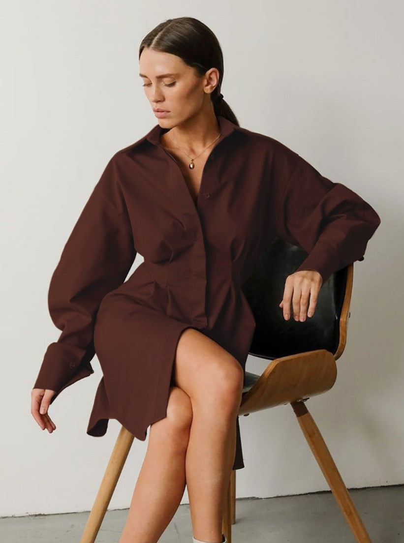 Long Sleeve Pleated Button Down Shirt Dress