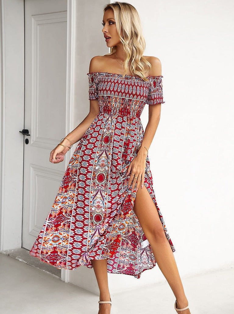 Sommer Off Shoulder Bohemian Slit Midi-kjole 