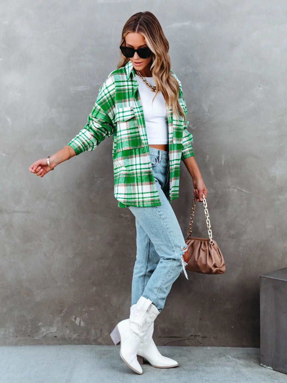 Chic trendy grøn plaid overshirt