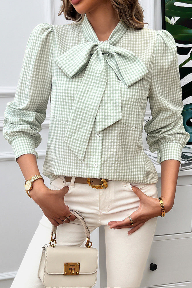 Gingham Blouse with Bow Tie Collar