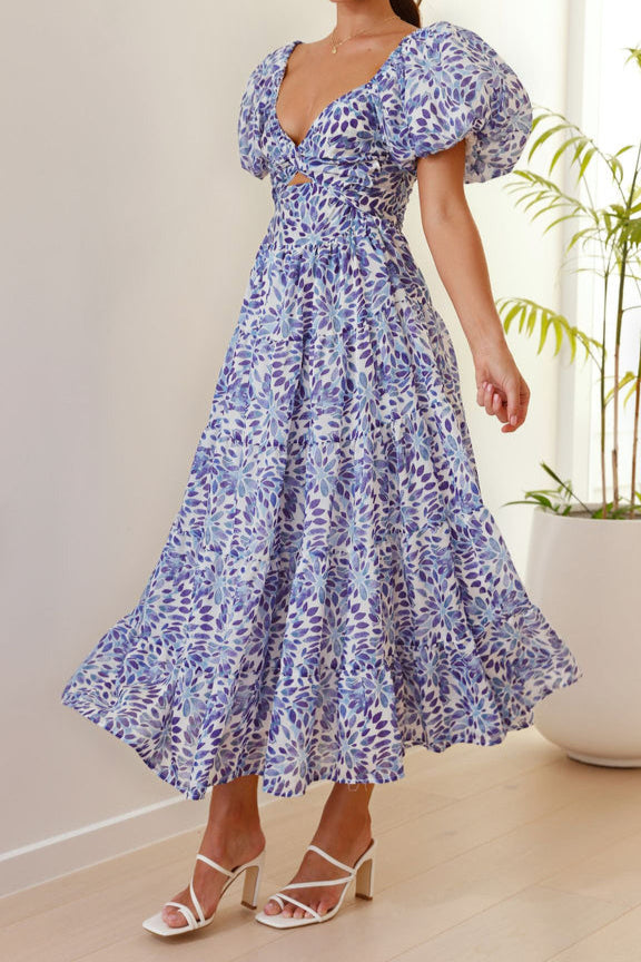 Floral Puff Sleeve Midi Dress in Blue and White