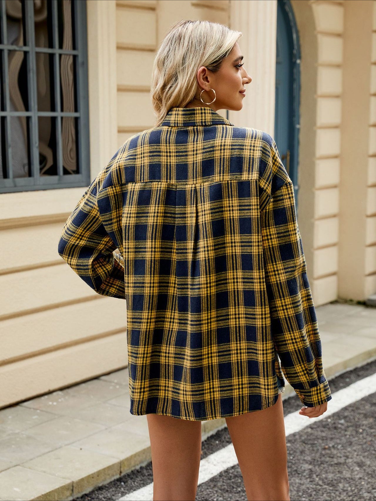 Langærmet oversized plaid skjorte med lommer