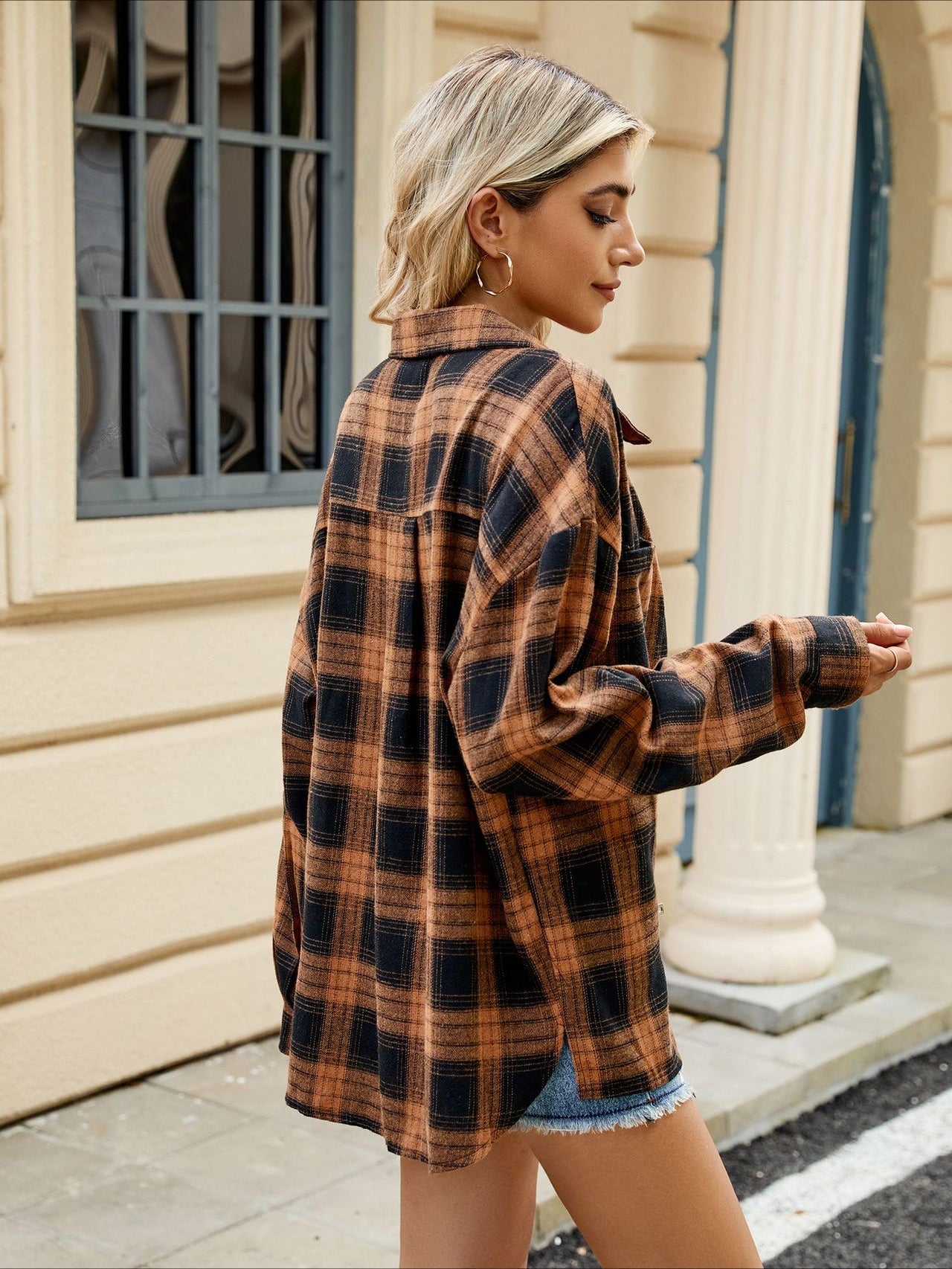 Langærmet oversized plaid skjorte med lommer