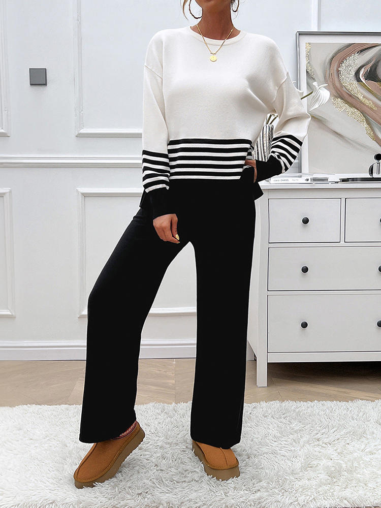 Striped Round Neck Sweater and Trouser Set